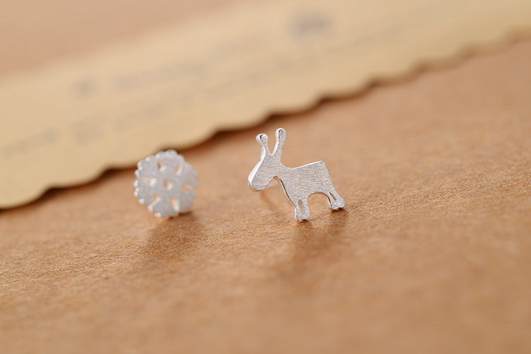 .925 Sterling Silver Deer and Snowflake Assymetrical Earrings