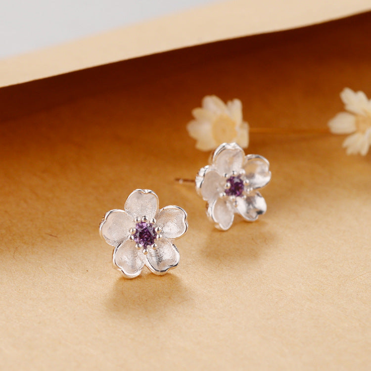 .925 Sterling Purple CZ Centered Flower Earrings