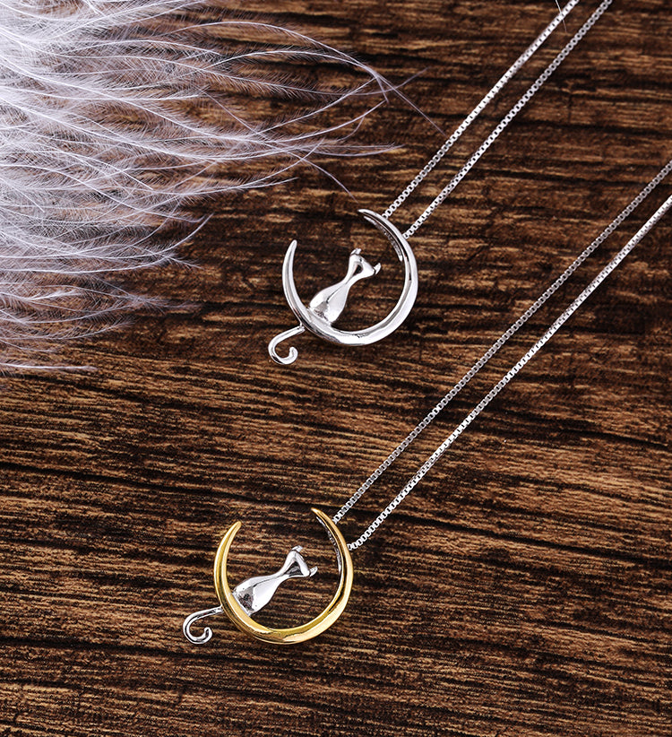 .925 Sterling Moon Cat Necklace in Silver or Gold