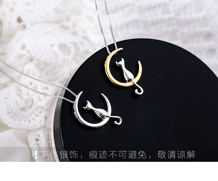 .925 Sterling Moon Cat Necklace in Silver or Gold