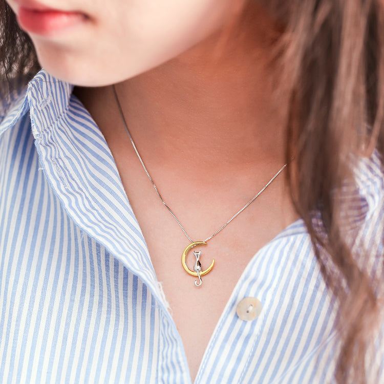 .925 Sterling Moon Cat Necklace in Silver or Gold