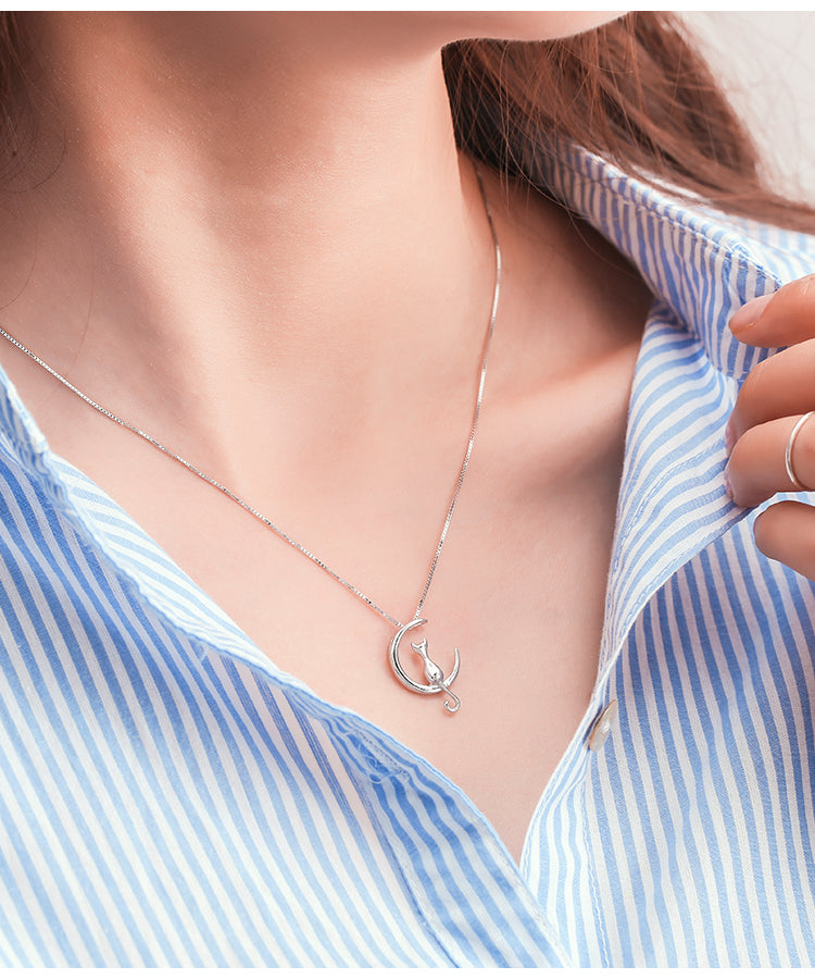 .925 Sterling Moon Cat Necklace in Silver or Gold