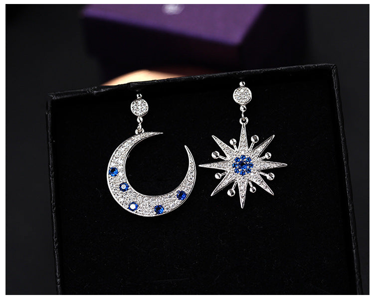 .925 Sterling Moon & Star Earrings with blue and clear CZ accents