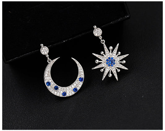 .925 Sterling Moon & Star Earrings with blue and clear CZ accents
