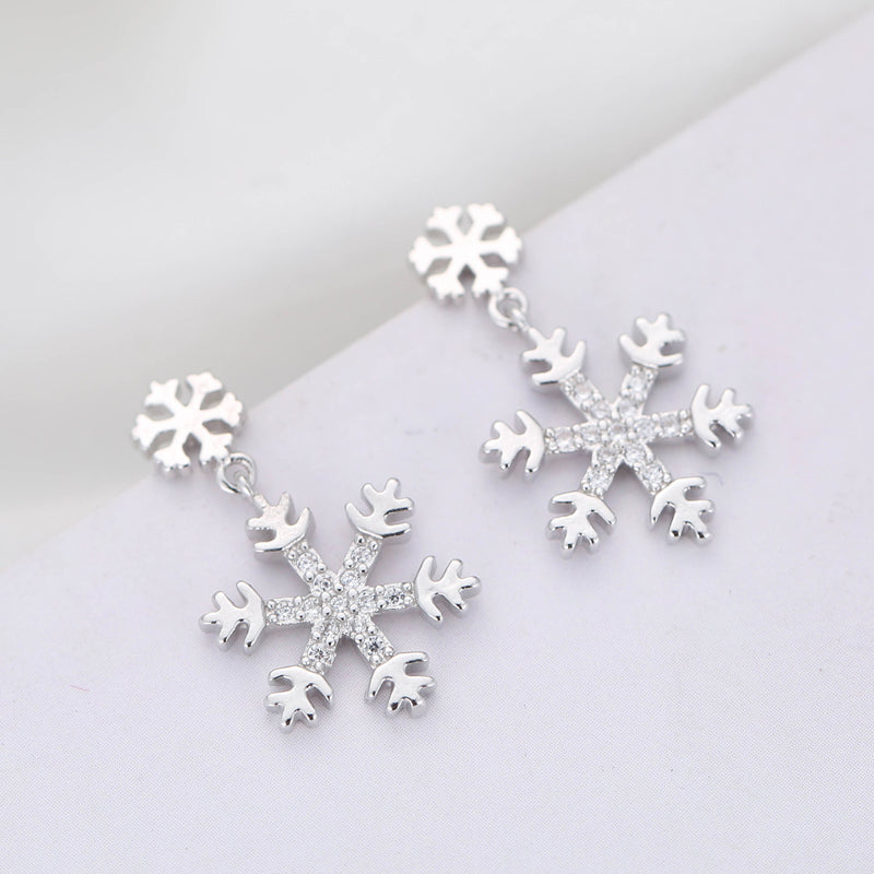 .925 Sterling Silver Snowflake Drop Earrings