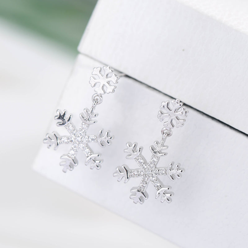 .925 Sterling Silver Snowflake Drop Earrings