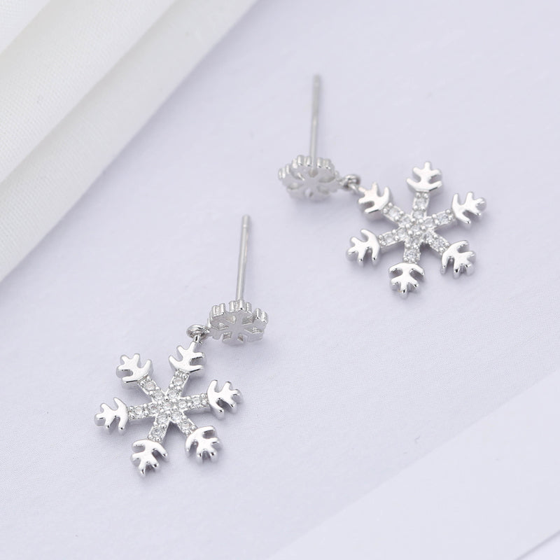 .925 Sterling Silver Snowflake Drop Earrings