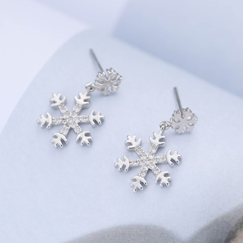 .925 Sterling Silver Snowflake Drop Earrings
