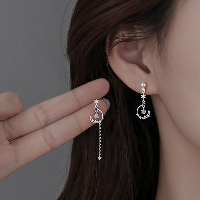 .925 Sterling Assymetrical Moon and CZ Drop Earrings