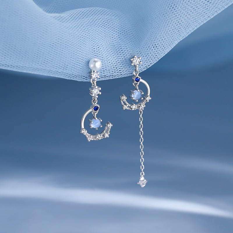 .925 Sterling Assymetrical Moon and CZ Drop Earrings