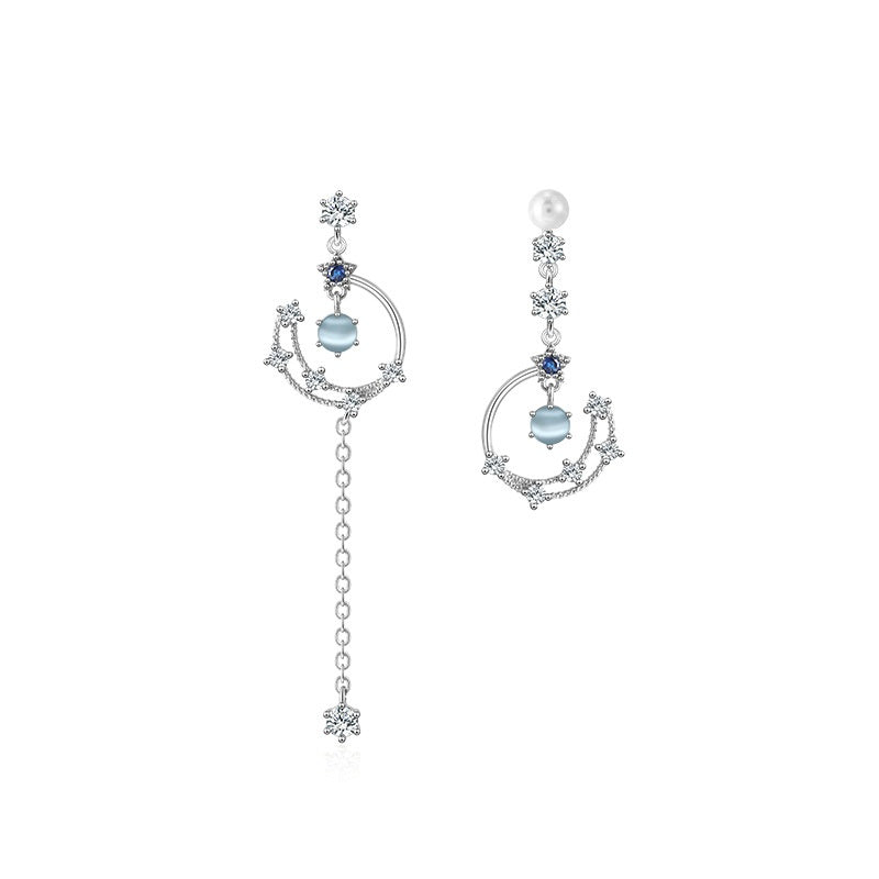 .925 Sterling Assymetrical Moon and CZ Drop Earrings