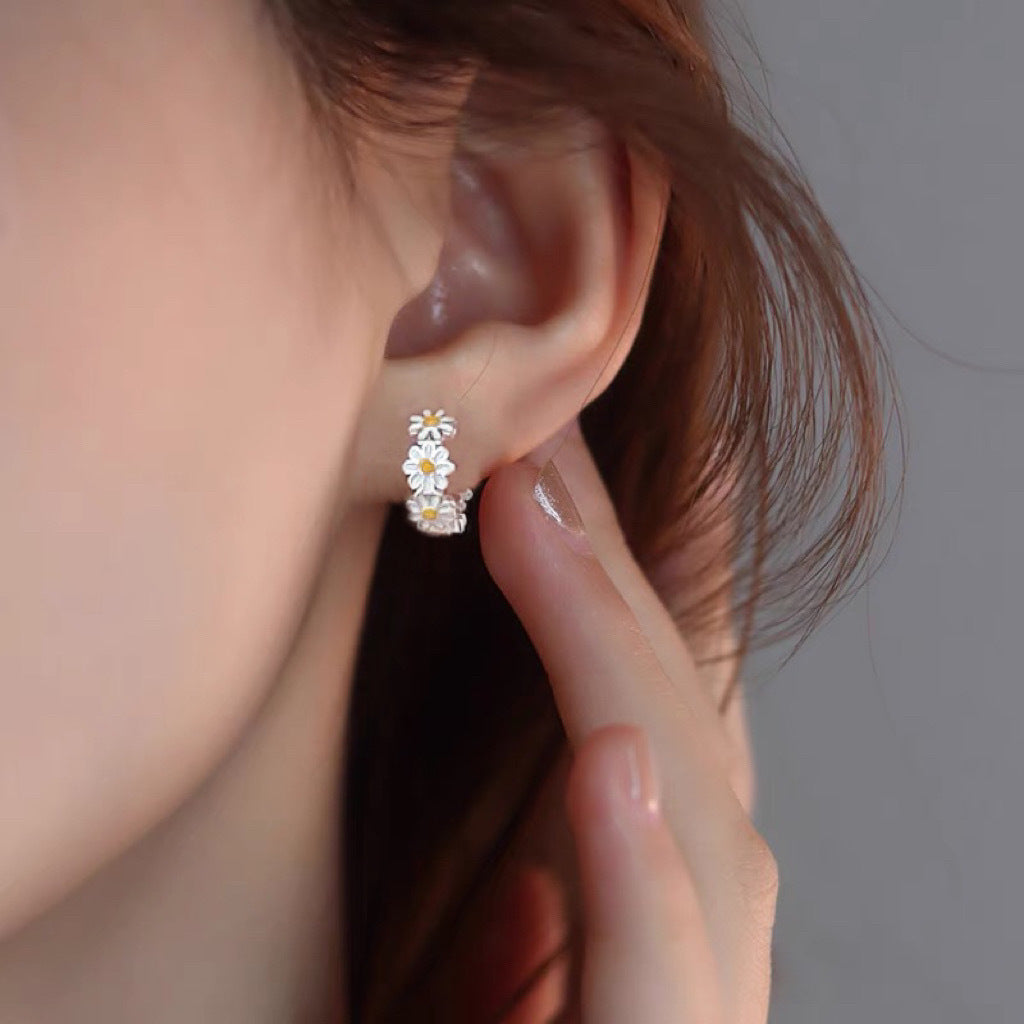 .925 Sterling Daisy Huggie Hoop Earrings
