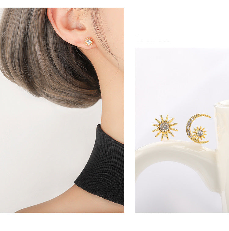 .925 Sterling Moon & Star Cubic Zirconia Stud Earrings