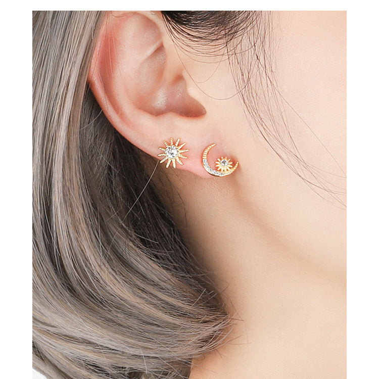 .925 Sterling Moon & Star Cubic Zirconia Stud Earrings