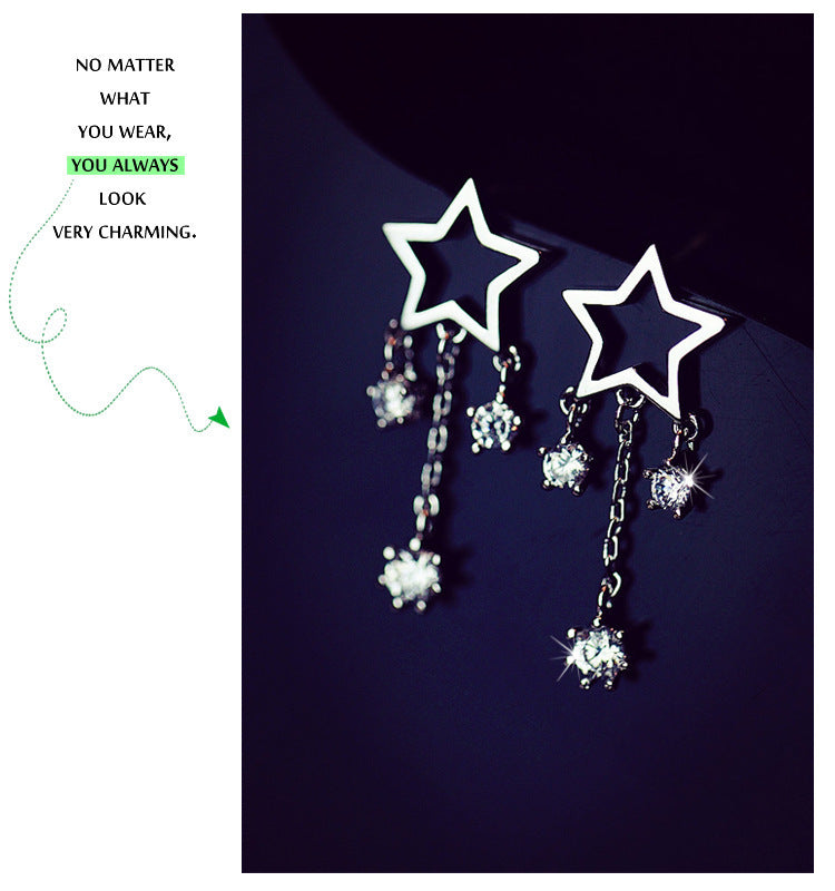 .925 Sterling Star and Cubic Zirconia Tassle Earrings (White or Yellow Gold)