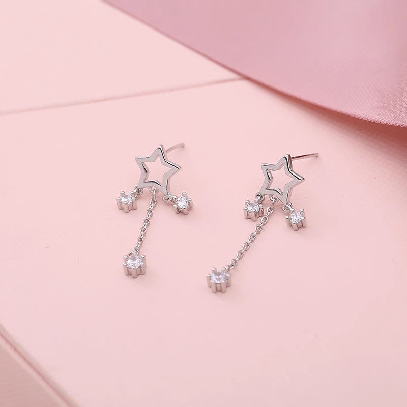 .925 Sterling Star and Cubic Zirconia Tassle Earrings (White or Yellow Gold)