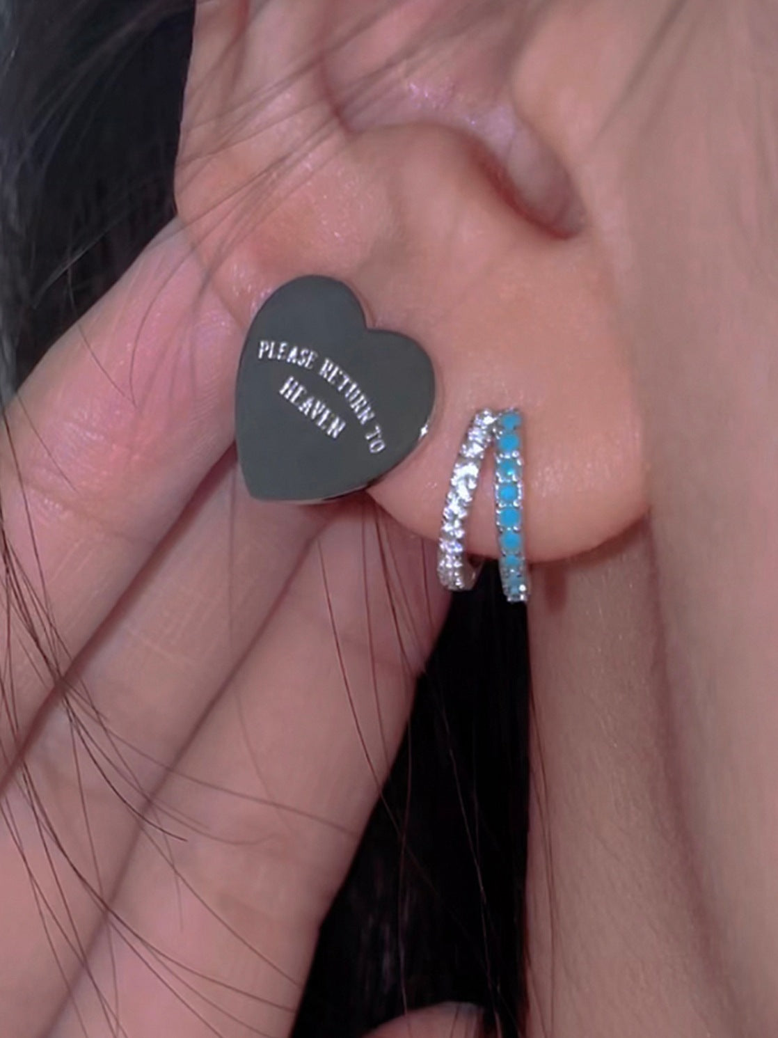 .925 Sterling Split Huggie Hoop Blue and Clear Pave Earrings