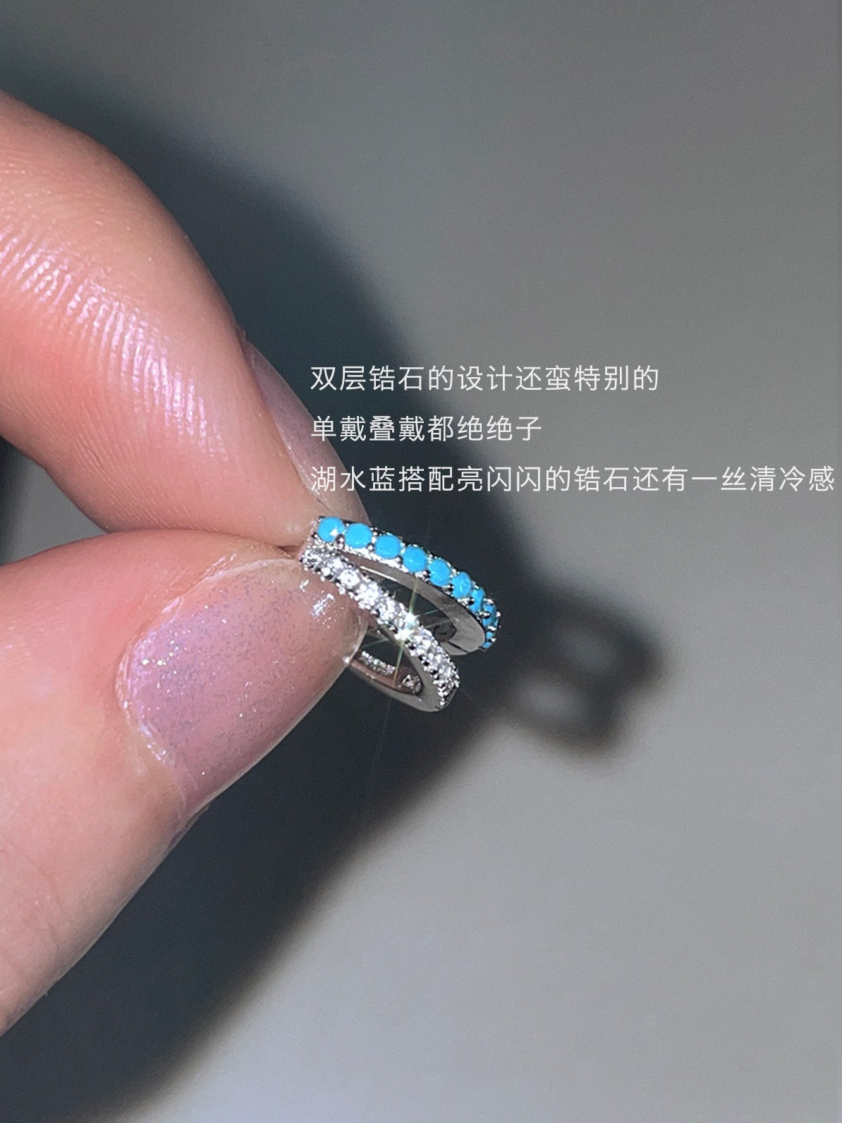 .925 Sterling Split Huggie Hoop Blue and Clear Pave Earrings