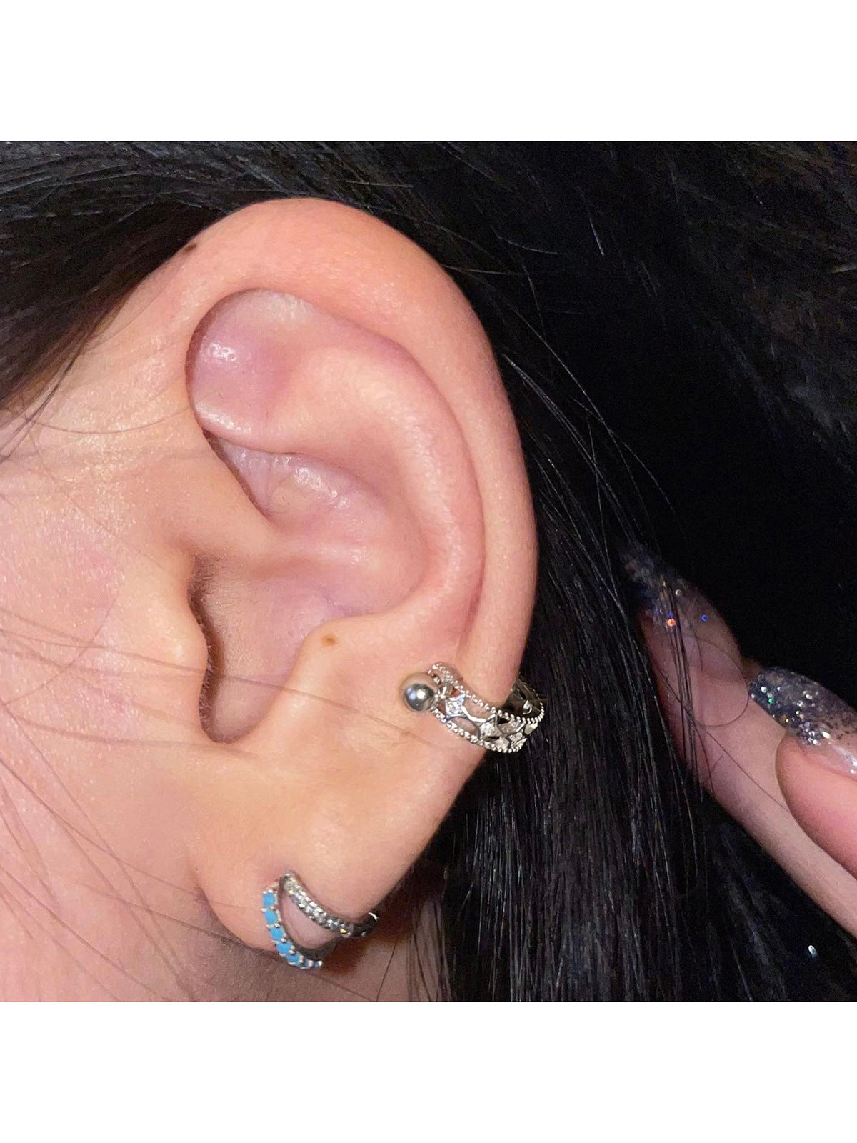 .925 Sterling Split Huggie Hoop Blue and Clear Pave Earrings