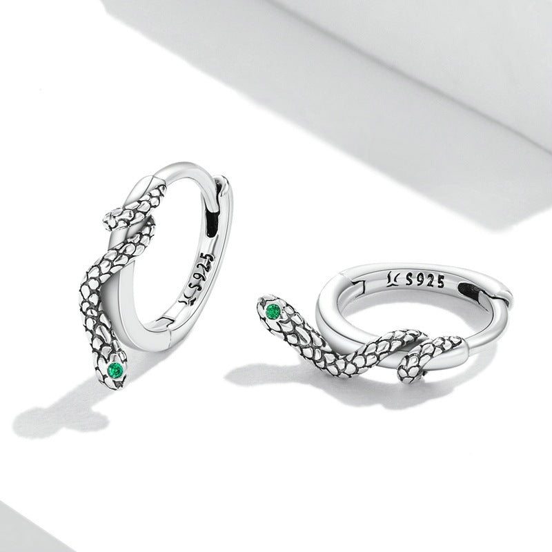 .925 Sterling Silver Snake with Emerald Green Cubic Zirconia Eye Hoop Earrings