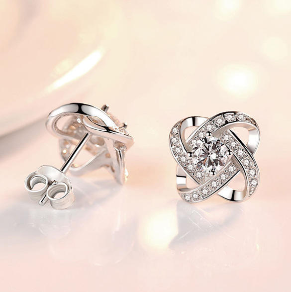 .925 Sterling Silver Clover Stud Earrings with Cubic Zirconia Pave