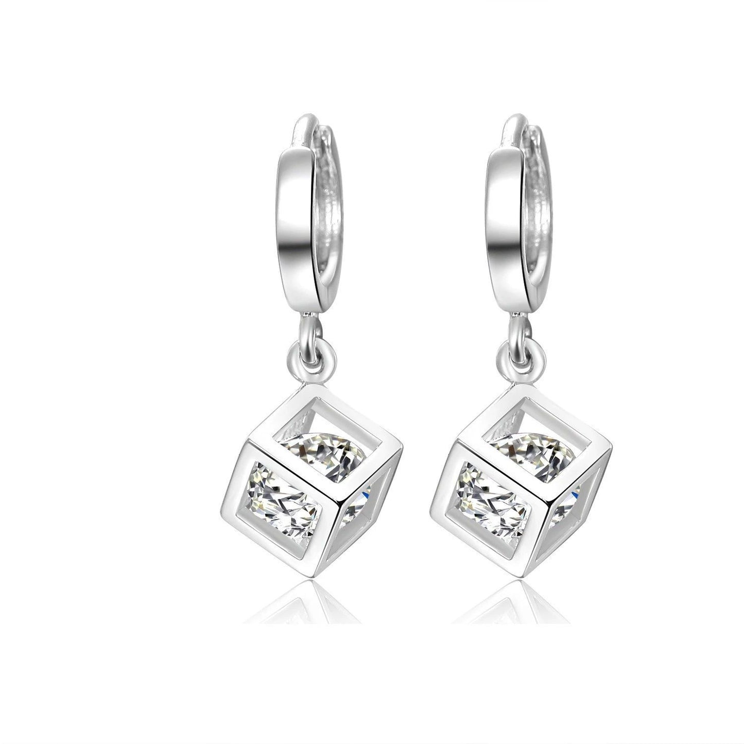 .925 Sterling Silver Huggie Hoop Cube and Cubic Zirconia Earrings