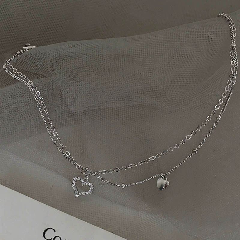 .925 Sterling Silver Double Layer Anklet with Cubic Zirconia Pave Heart Charm