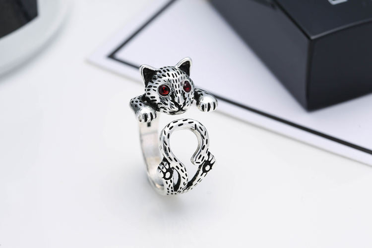 Thai Silver Open Adjustable Cat Ring with Red Cubic Zirconia Eyes