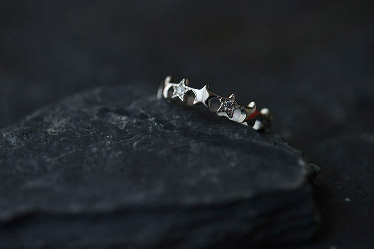 .925 Sterling Silver Stars Open Adjustable Ring with Cubic Zirconia Accents