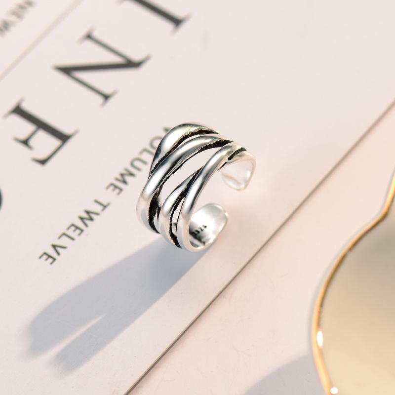 .925 Sterling Silver Multi-Layer Woven Open Adjustable Ring