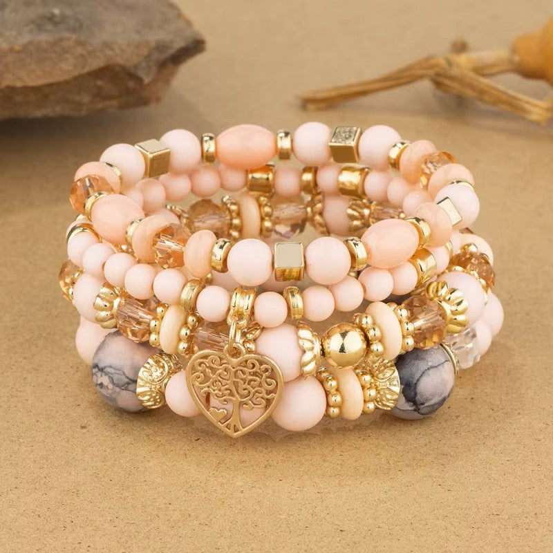 Boho Handmade Elastic Multi-layer Natural Stone Bracelet Set (Cream)
