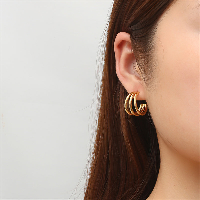18k Gold-Plated Three-Layer C Hoop Earrings (Gold or Silver)