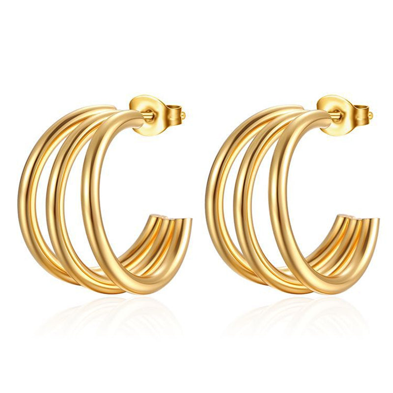 18k Gold-Plated Three-Layer C Hoop Earrings (Gold or Silver)