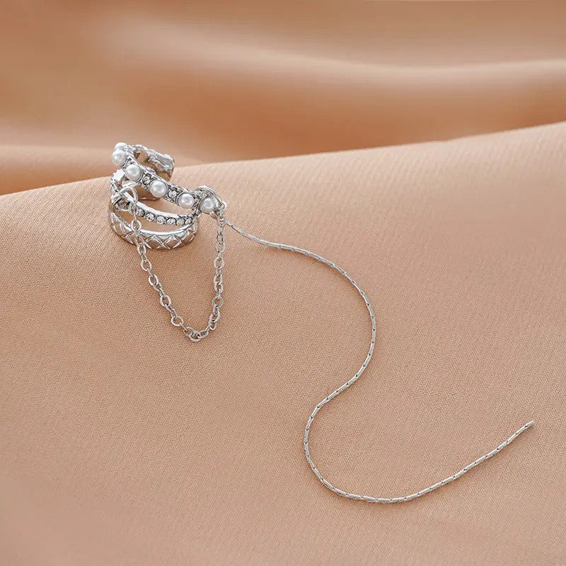 Three Row Pearl and Crystal Ear Cuff with Chain Drops