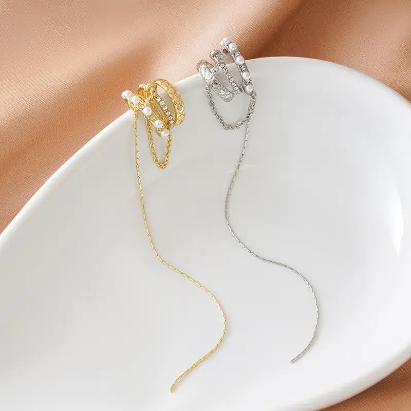 Three Row Pearl and Crystal Ear Cuff with Chain Drops