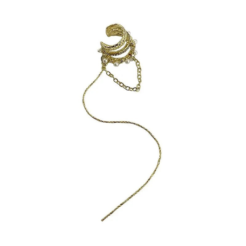 Three Row Pearl and Crystal Ear Cuff with Chain Drops