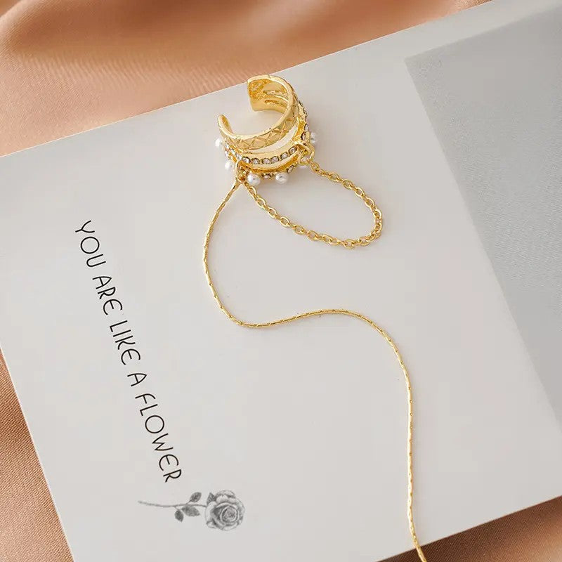 Three Row Pearl and Crystal Ear Cuff with Chain Drops