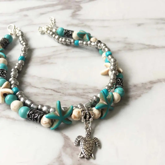 Starfish and Turtle with Turquoise & Cream Stone Anklet