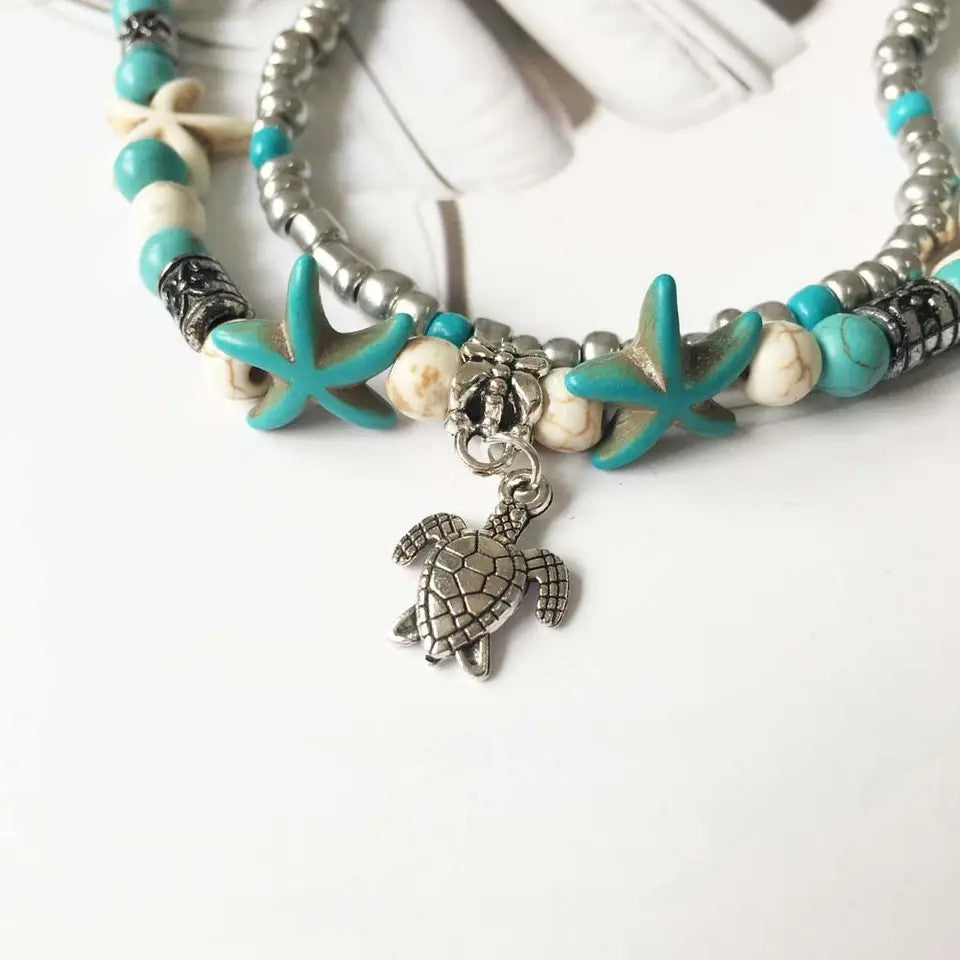 Starfish and Turtle with Turquoise & Cream Stone Anklet