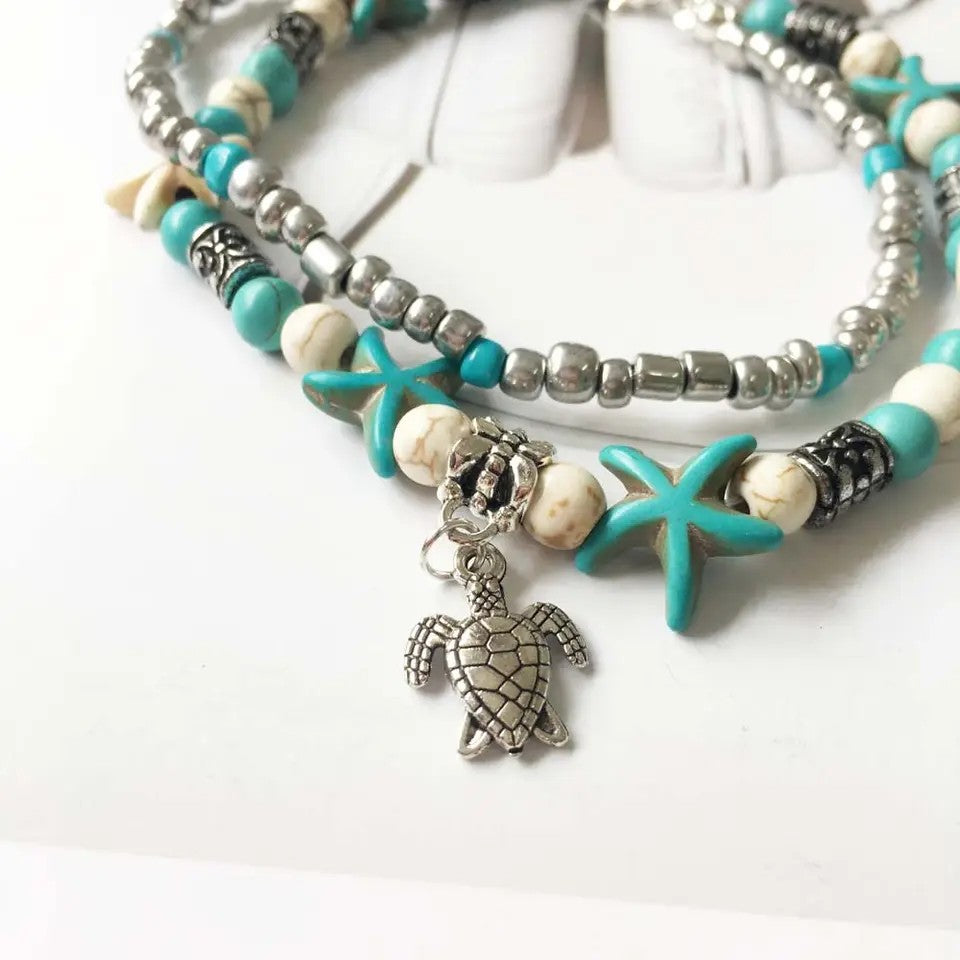 Starfish and Turtle with Turquoise & Cream Stone Anklet