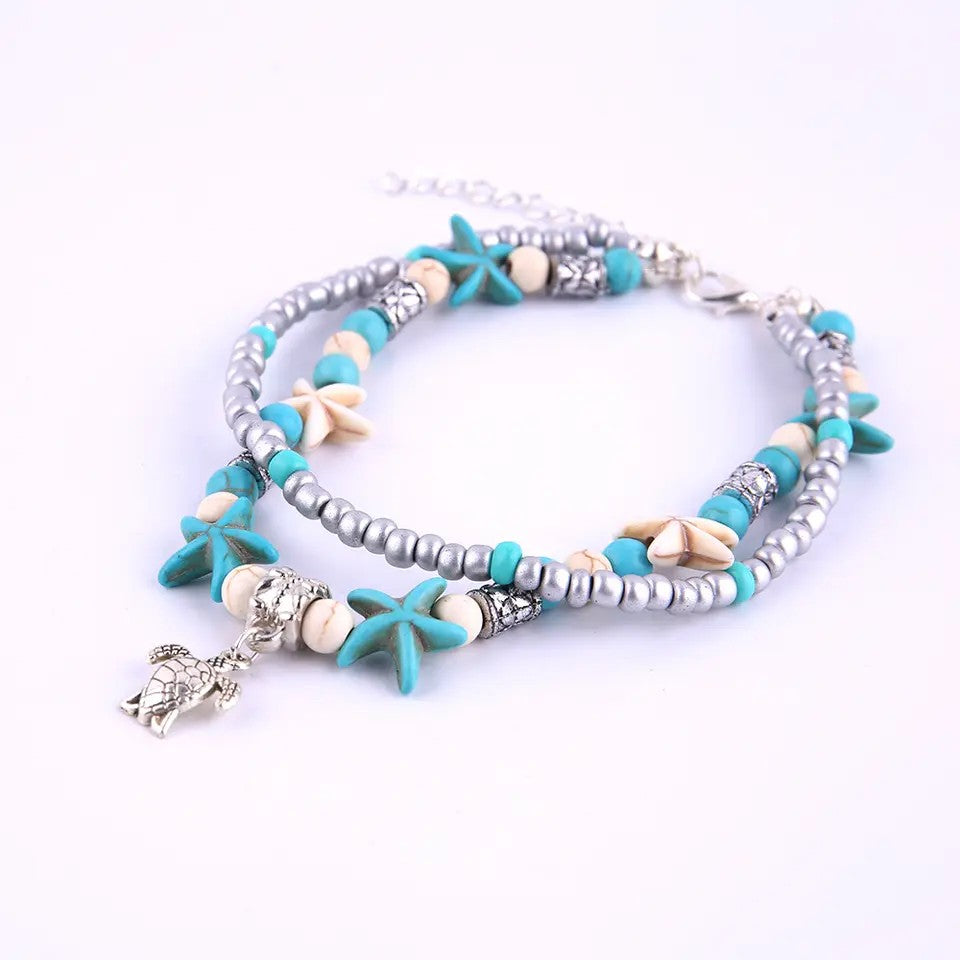 Starfish and Turtle with Turquoise & Cream Stone Anklet