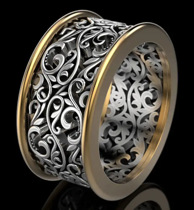 Wide Silver and Gold Filigree Band Ring