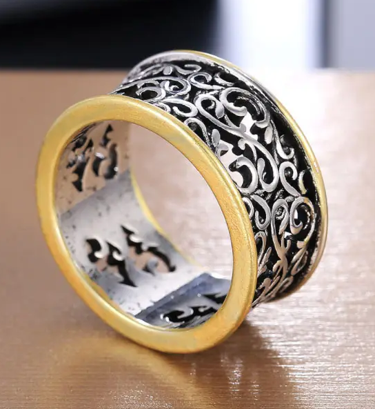 Wide Silver and Gold Filigree Band Ring