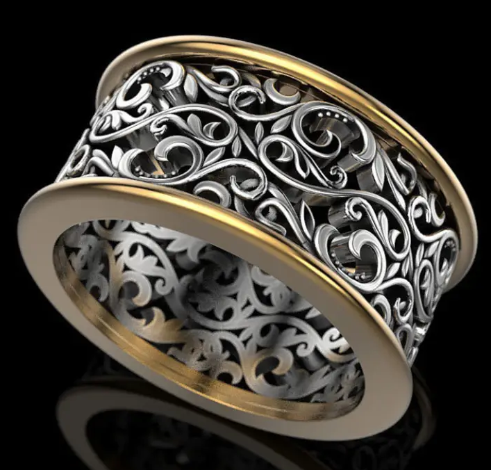 Wide Silver and Gold Filigree Band Ring