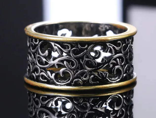 Wide Silver and Gold Filigree Band Ring