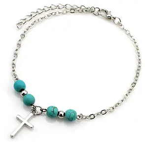 Silver-plated Stainless Steel Anklet with Turquoise Beads and accent Charm (Palm, Cross or Tree)