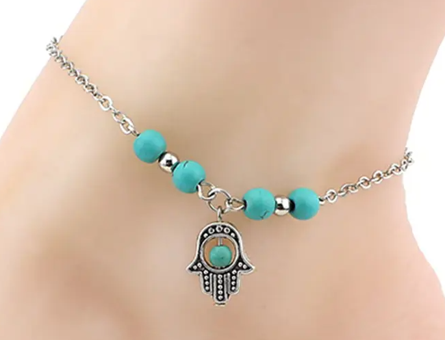Silver-plated Stainless Steel Anklet with Turquoise Beads and accent Charm (Palm, Cross or Tree)