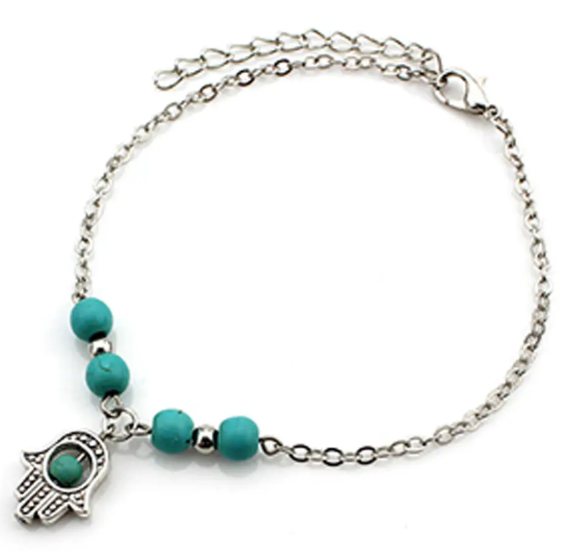 Silver-plated Stainless Steel Anklet with Turquoise Beads and accent Charm (Palm, Cross or Tree)