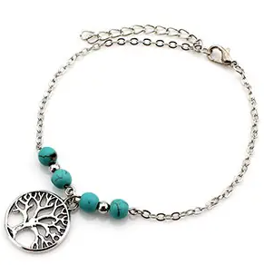 Silver-plated Stainless Steel Anklet with Turquoise Beads and accent Charm (Palm, Cross or Tree)