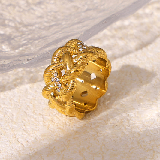 18k Yellow Gold-plated Rope Weave Ring with Cubic Zirconia Accents